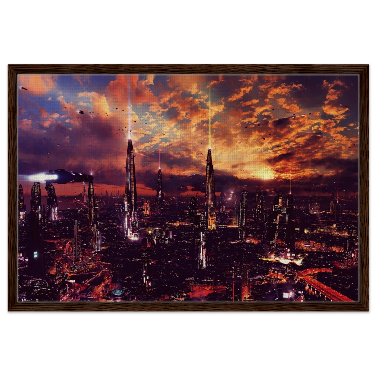 Neon Horizon | Futuristic Cityscape Wall art print - 60x90 cm / 24x36″ - Framed Canvas - Dark wood frame