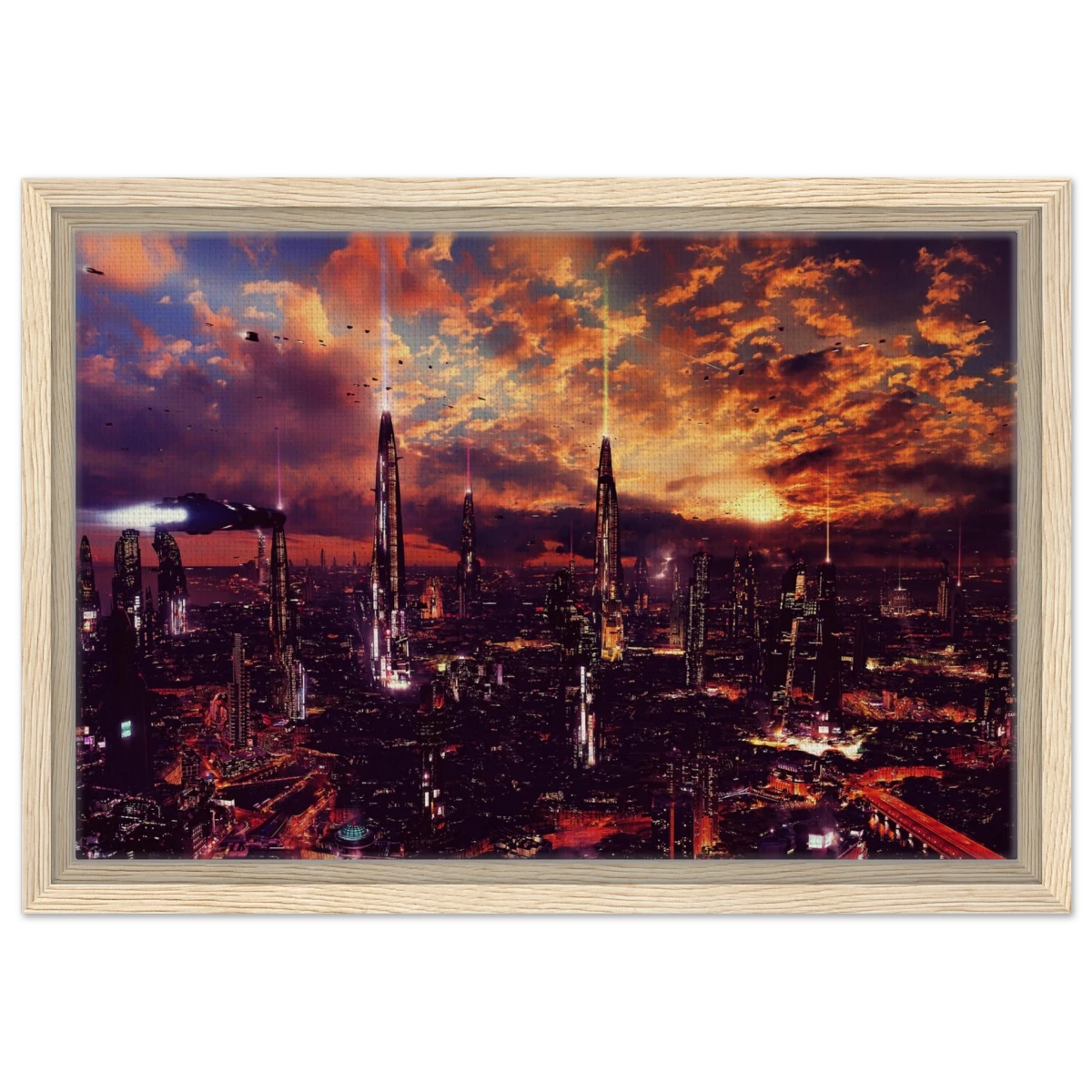 Neon Horizon | Futuristic Cityscape Wall art print - 30x45 cm / 12x18″ - Framed Canvas - Wood frame