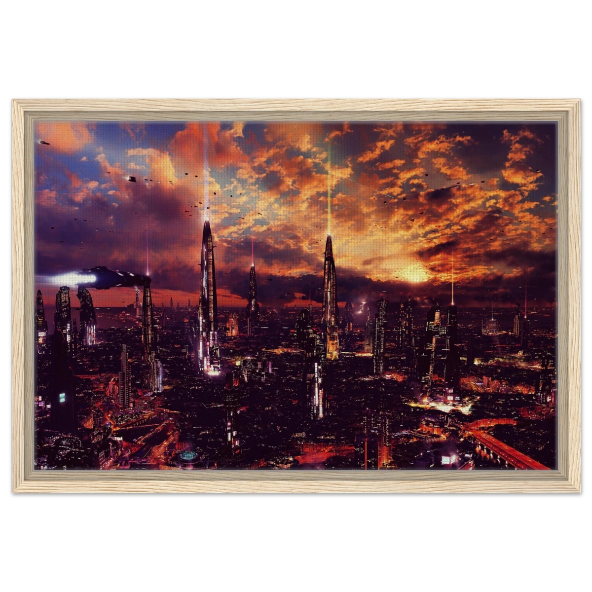 Neon Horizon | Futuristic Cityscape Wall art print - 40x60 cm / 16x24″ - Framed Canvas - Wood frame