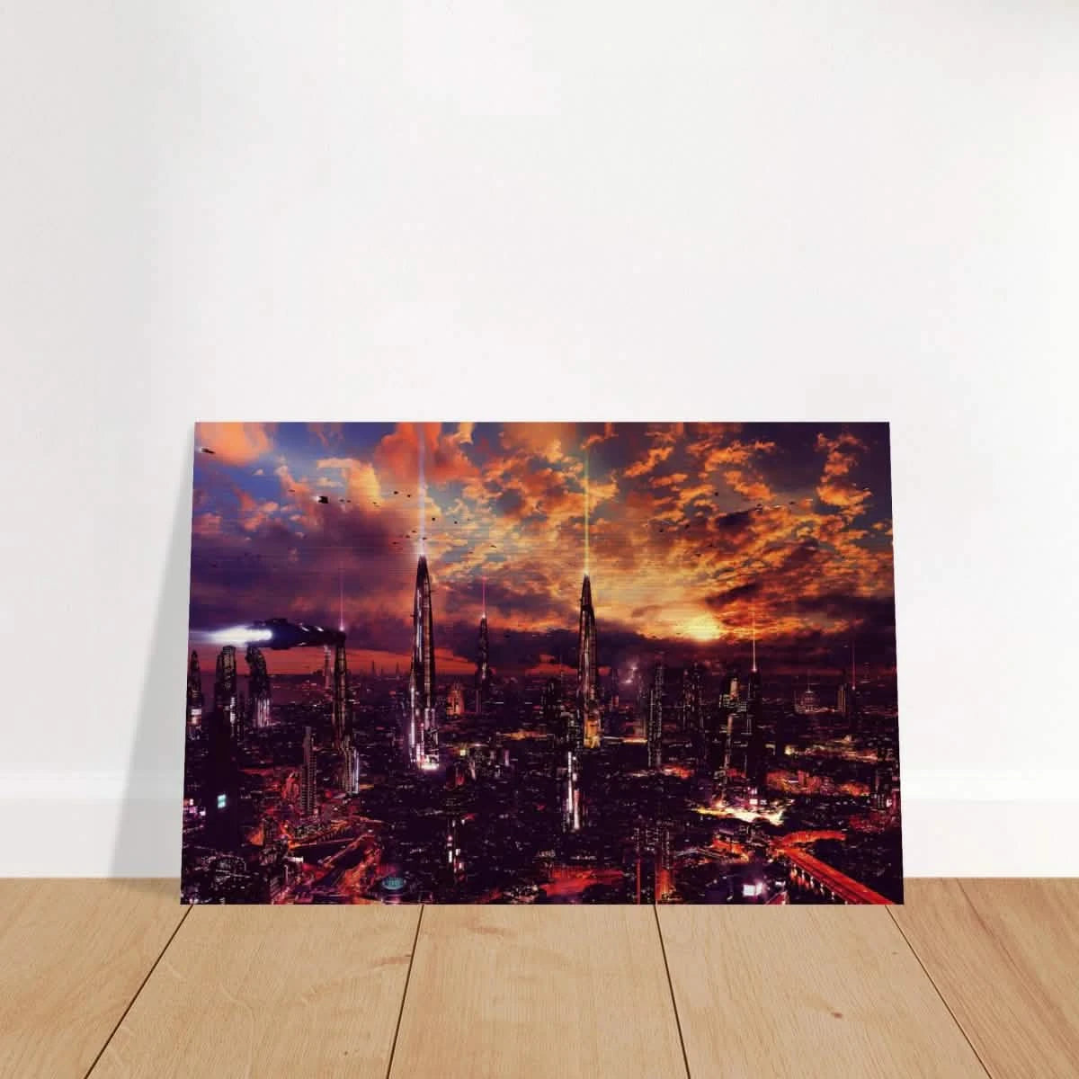 Neon Horizon | Futuristic Cityscape Wall art print - 50x75 cm / 20x30″ - Brushed Aluminum Print -