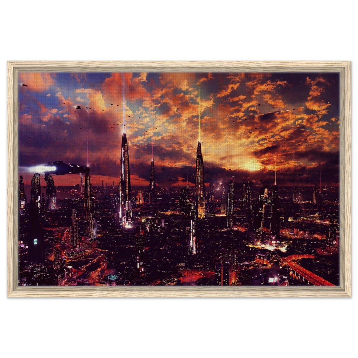 Neon Horizon | Futuristic Cityscape Wall art print - 50x75 cm / 20x30″ - Framed Canvas - Wood frame