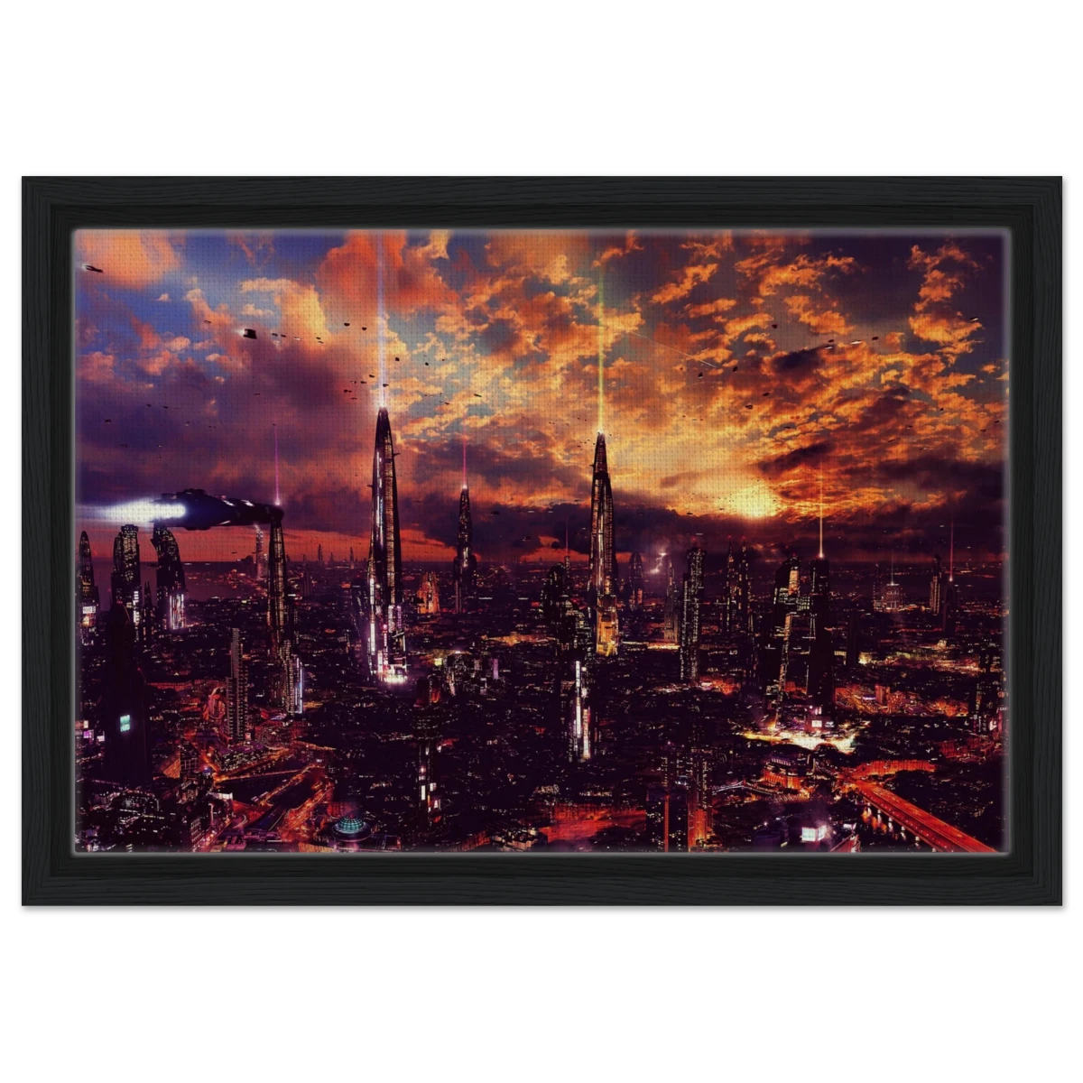 Neon Horizon | Futuristic Cityscape Wall art print - 30x45 cm / 12x18″ - Framed Canvas - Black frame