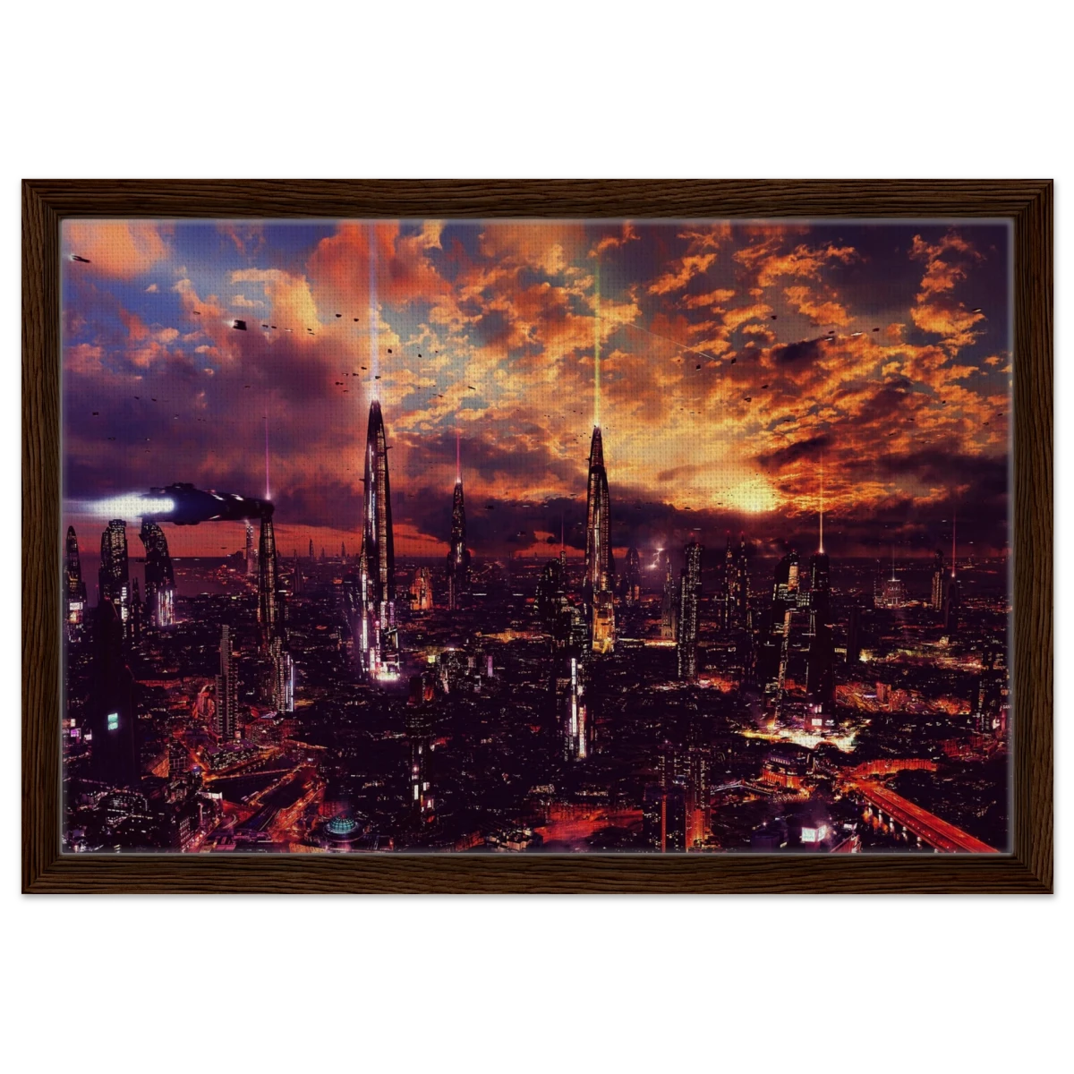 Neon Horizon | Futuristic Cityscape Wall art print - 40x60 cm / 16x24″ - Framed Canvas - Dark wood frame