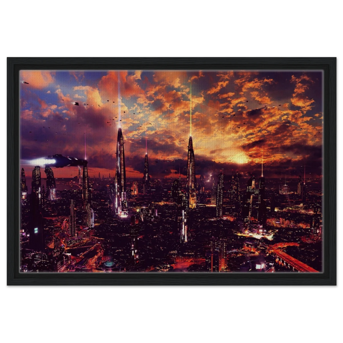 Neon Horizon | Futuristic Cityscape Wall art print - 40x60 cm / 16x24″ - Framed Canvas - Black frame