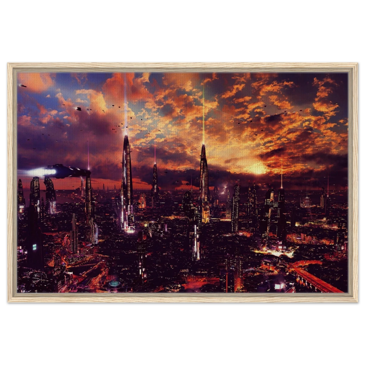 Neon Horizon | Futuristic Cityscape Wall art print - 60x90 cm / 24x36″ - Framed Canvas - Wood frame