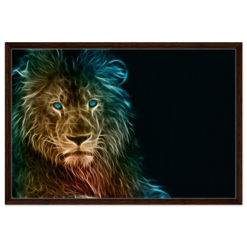 Neon Majesty – Abstract Lion Spirit Wall Art Print - Framed Canvas - 60x90 cm / 24x36″ - Dark wood frame