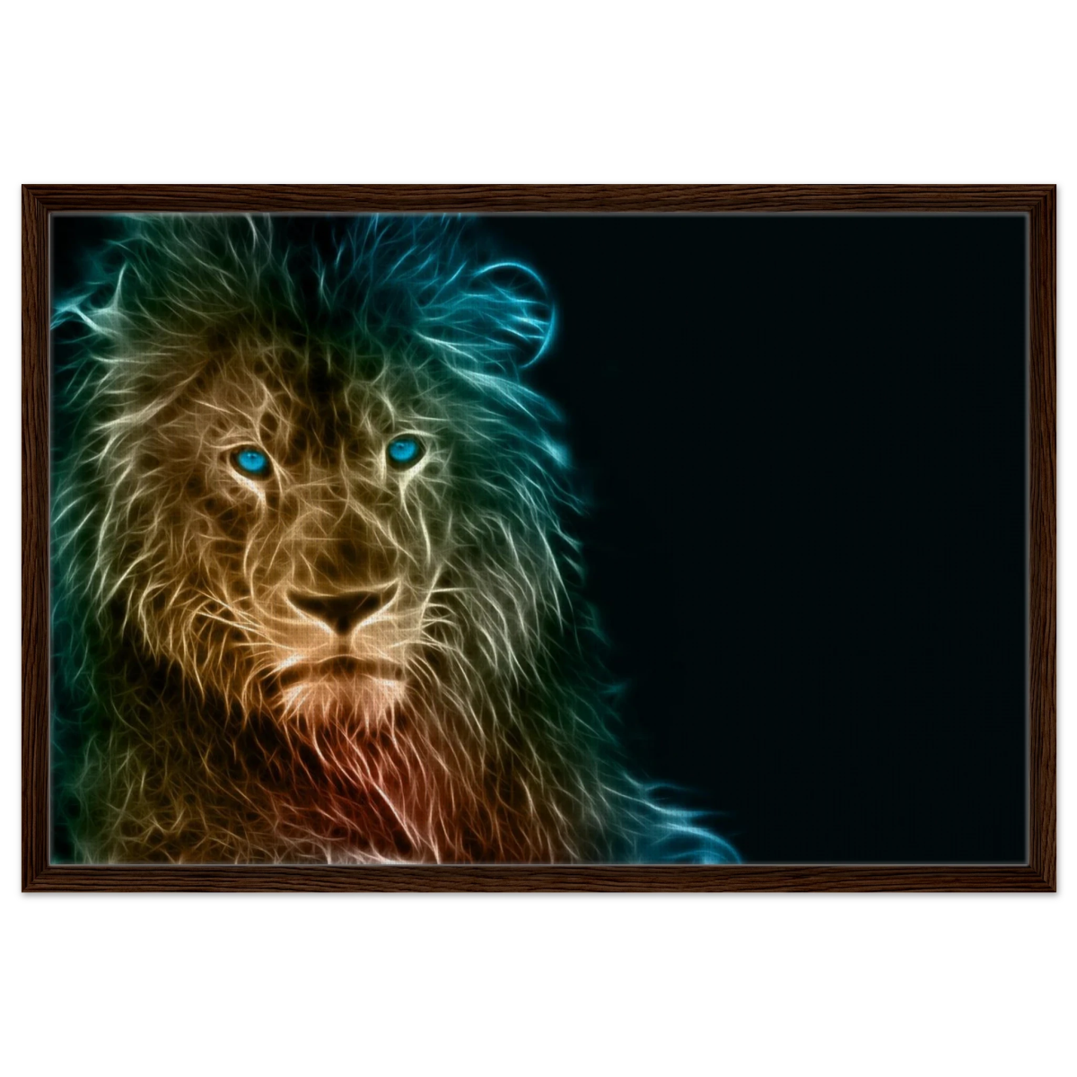 Neon Majesty – Abstract Lion Spirit Wall Art Print - Framed Canvas - 60x90 cm / 24x36″ - Dark wood frame