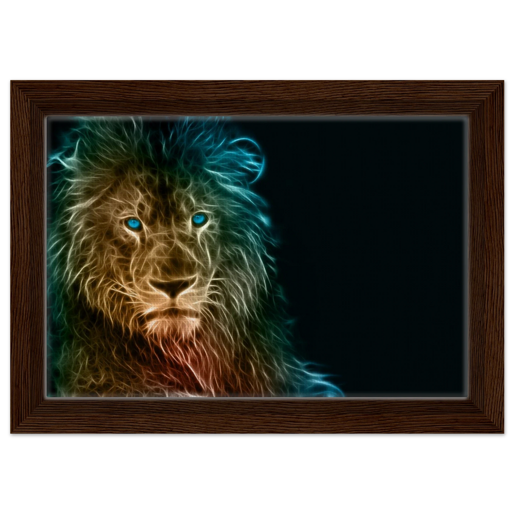 Neon Majesty – Abstract Lion Spirit Wall Art Print - Framed Canvas - 20x30 cm / 8x12″ - Dark wood frame