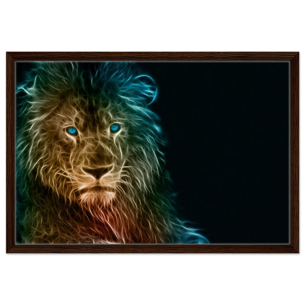 Neon Majesty – Abstract Lion Spirit Wall Art Print - Framed Canvas - 50x75 cm / 20x30″ - Dark wood frame