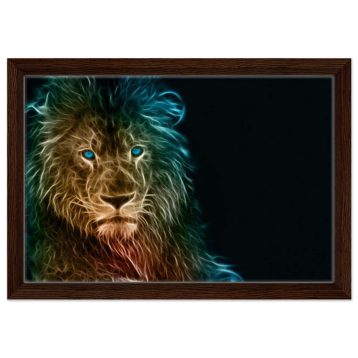Neon Majesty – Abstract Lion Spirit Wall Art Print - Framed Canvas - 30x45 cm / 12x18″ - Dark wood frame
