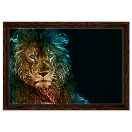 Neon Majesty – Abstract Lion Spirit Wall Art Print - Framed Canvas - 30x45 cm / 12x18″ - Dark wood frame