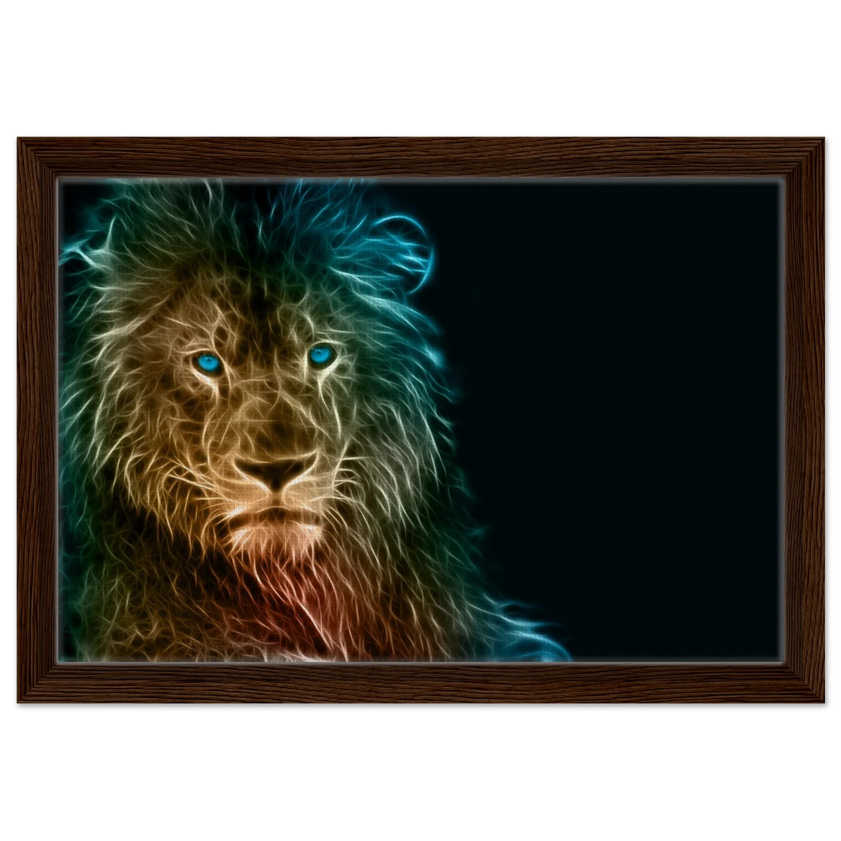 Neon Majesty – Abstract Lion Spirit Wall Art Print - Framed Canvas - 30x45 cm / 12x18″ - Dark wood frame