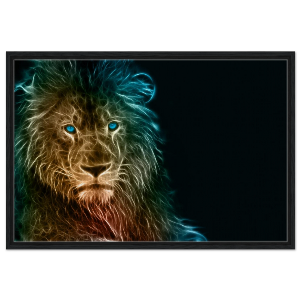 Neon Majesty – Abstract Lion Spirit Wall Art Print - Framed Canvas - 60x90 cm / 24x36″ - Black frame