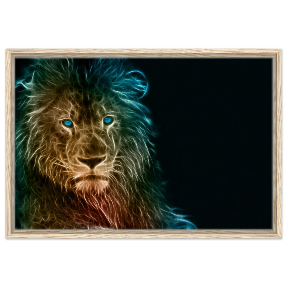 Neon Majesty – Abstract Lion Spirit Wall Art Print - Framed Canvas - 50x75 cm / 20x30″ - Wood frame