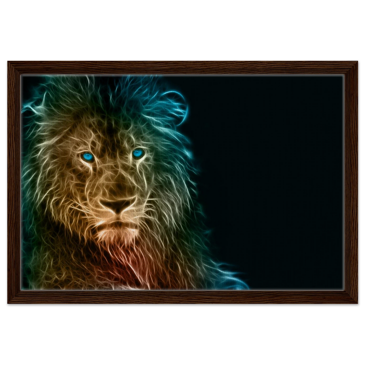 Neon Majesty – Abstract Lion Spirit Wall Art Print - Framed Canvas - 40x60 cm / 16x24″ - Dark wood frame