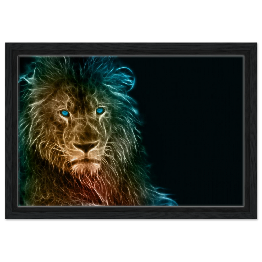 Neon Majesty – Abstract Lion Spirit Wall Art Print - Framed Canvas - 30x45 cm / 12x18″ - Black frame