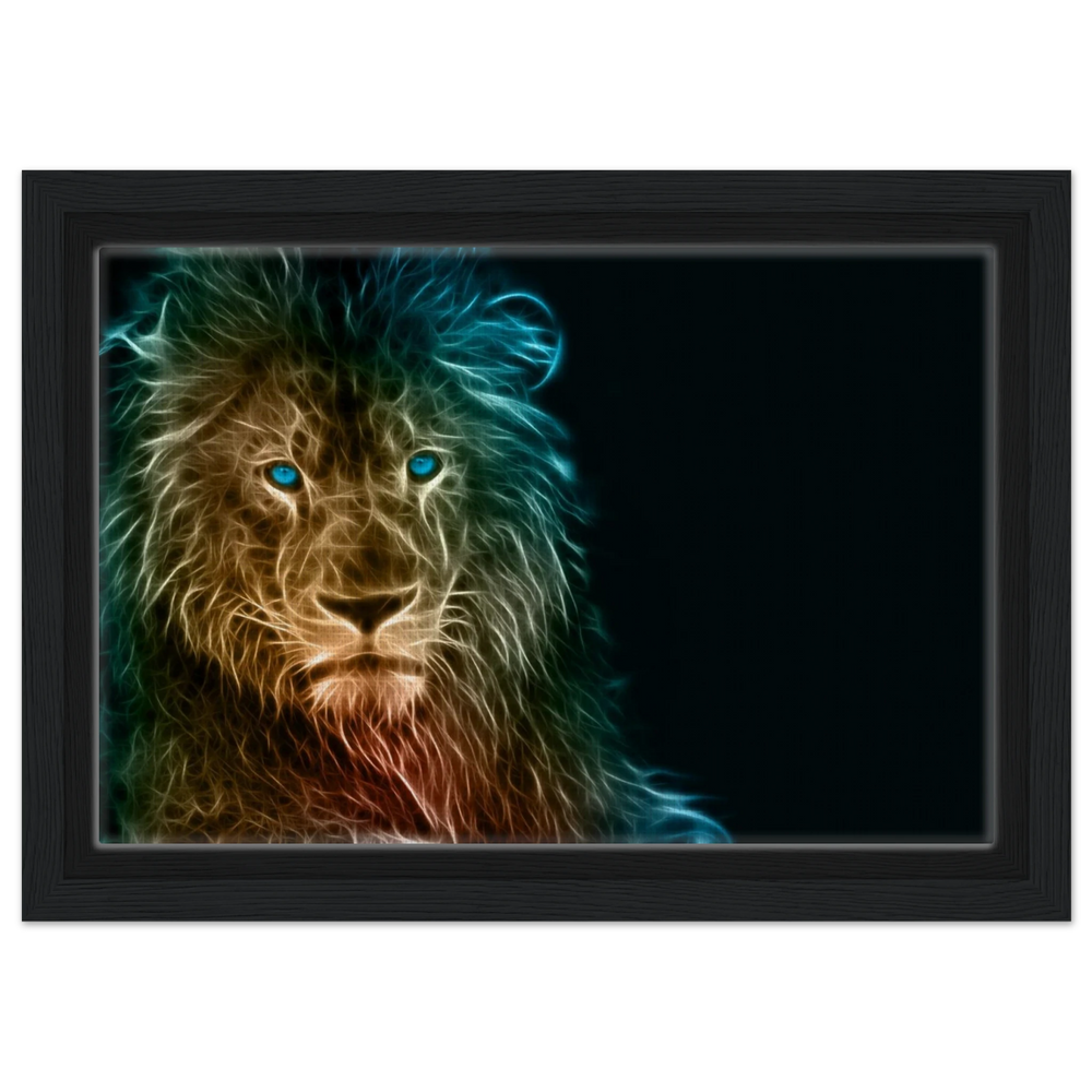 Neon Majesty – Abstract Lion Spirit Wall Art Print - Framed Canvas - 20x30 cm / 8x12″ - Black frame