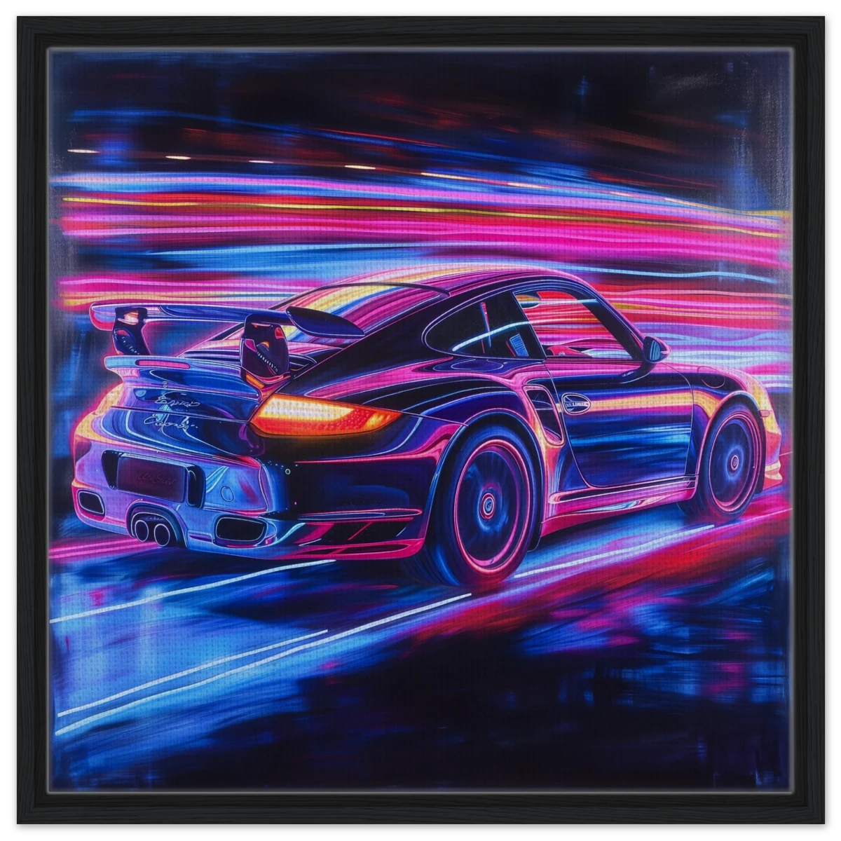“Neon Velocity” – Futuristic Porsche in Motion Wall Art - Framed Canvas - 60x60 cm / 24x24″ - Black frame