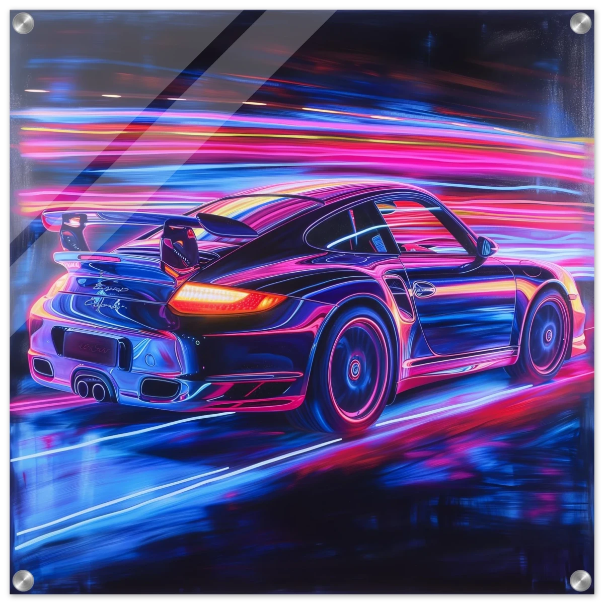 “Neon Velocity” – Futuristic Porsche in Motion Wall Art - Acrylic Print - 60x60 cm / 24x24″ -