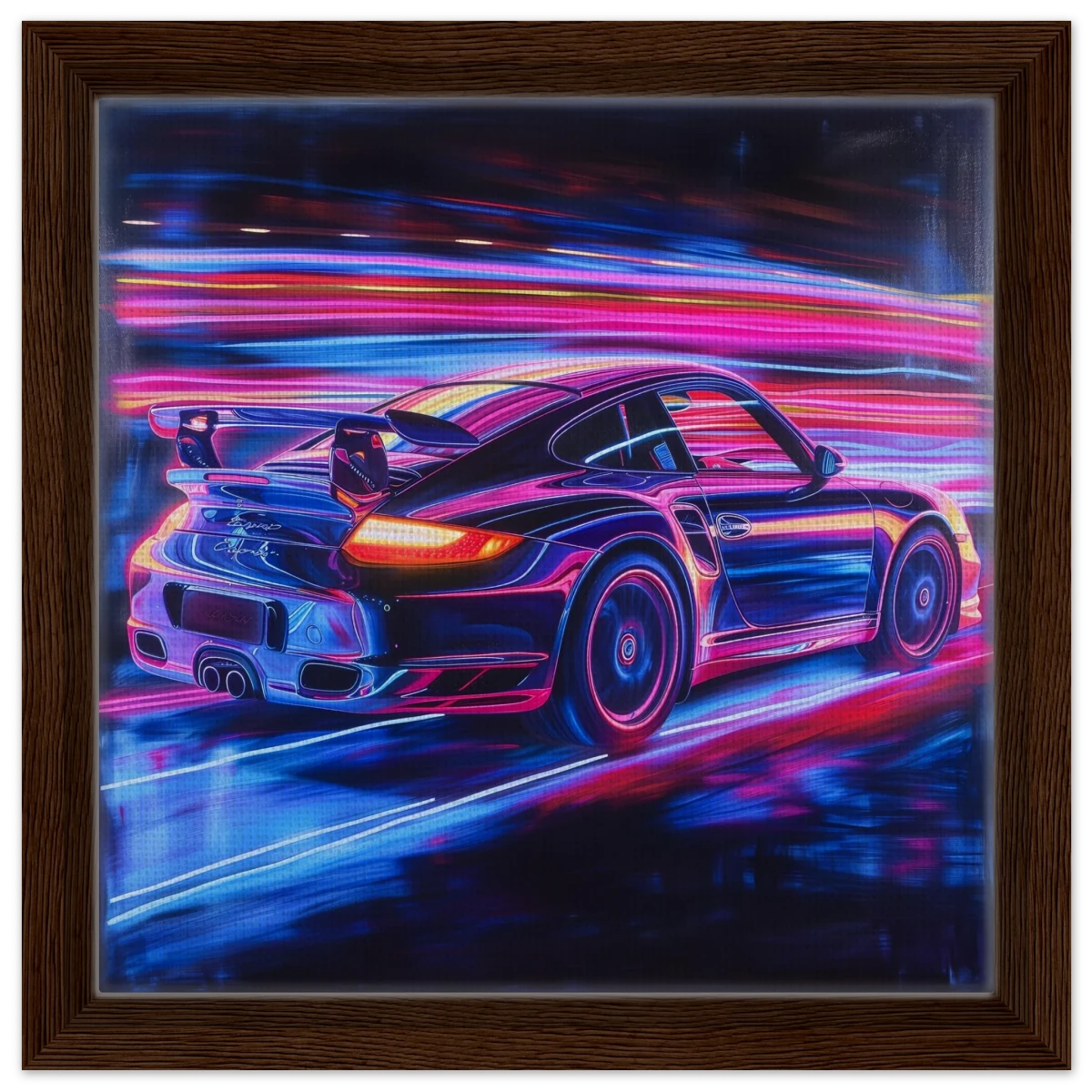 “Neon Velocity” – Futuristic Porsche in Motion Wall Art - Framed Canvas - 30x30 cm / 12x12″ - Dark wood frame