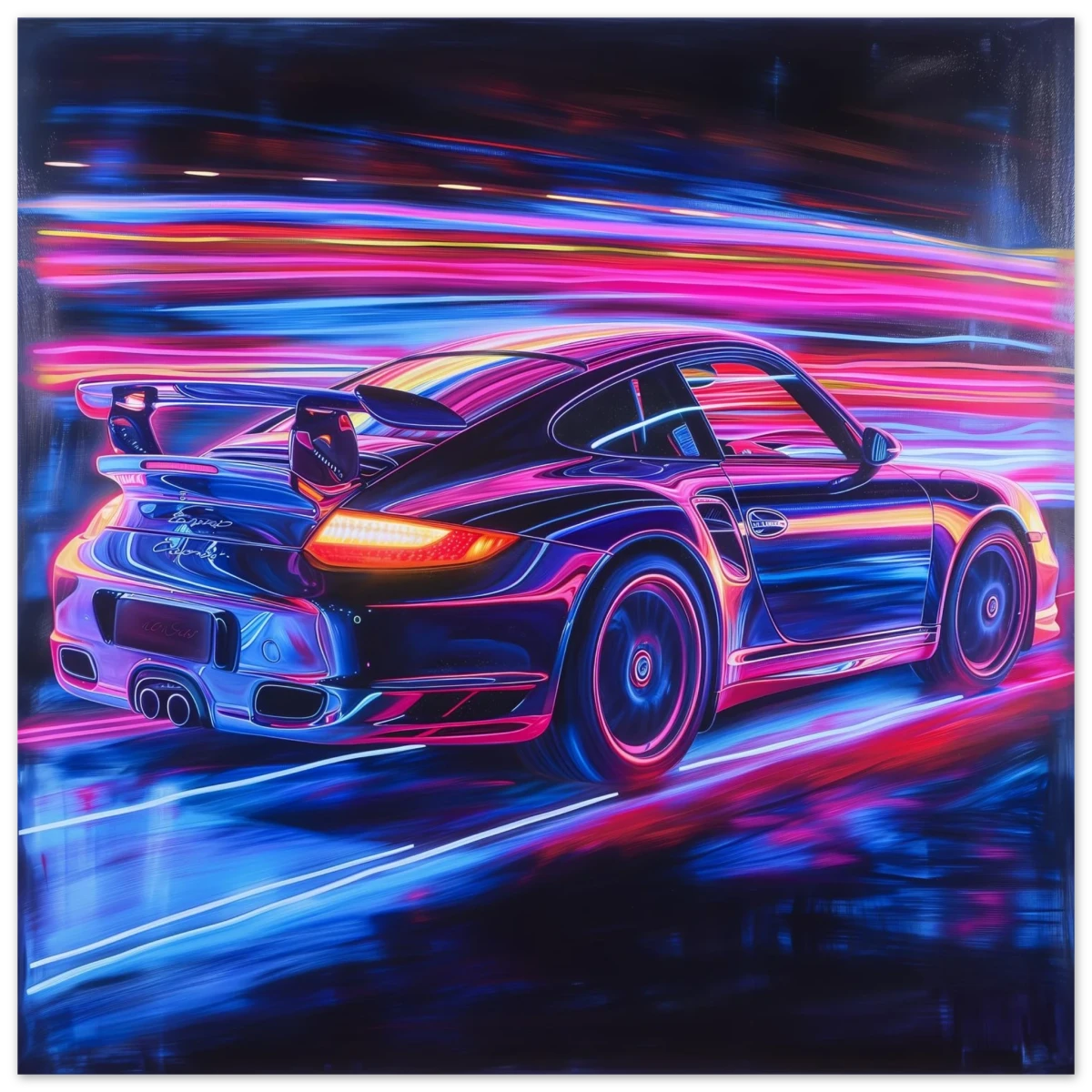 “Neon Velocity” – Futuristic Porsche in Motion Wall Art - Fine Art Poster - 30x30 cm / 12x12″ -