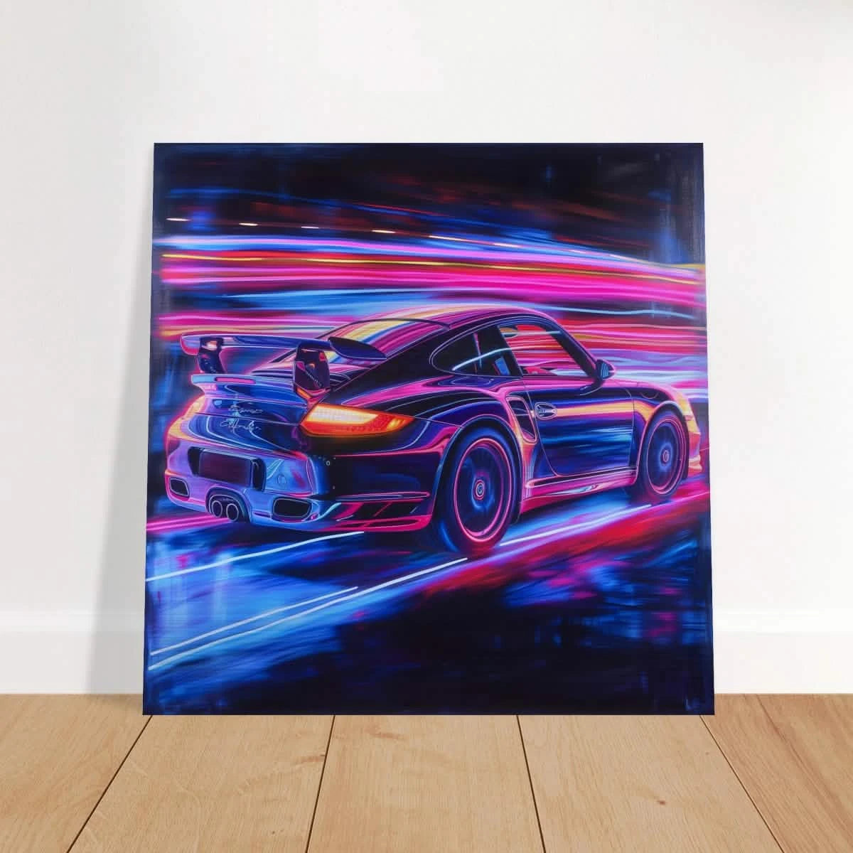 “Neon Velocity” – Futuristic Porsche in Motion Wall Art - Brushed Aluminum Print - 50x50 cm / 20x20″ -