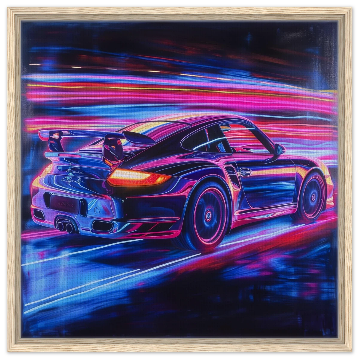 “Neon Velocity” – Futuristic Porsche in Motion Wall Art - Framed Canvas - 60x60 cm / 24x24″ - Wood frame
