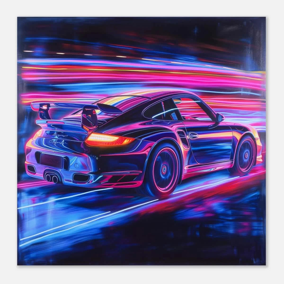 “Neon Velocity” – Futuristic Porsche in Motion Wall Art - Aluminum Print - 20x20 cm / 8x8″ -