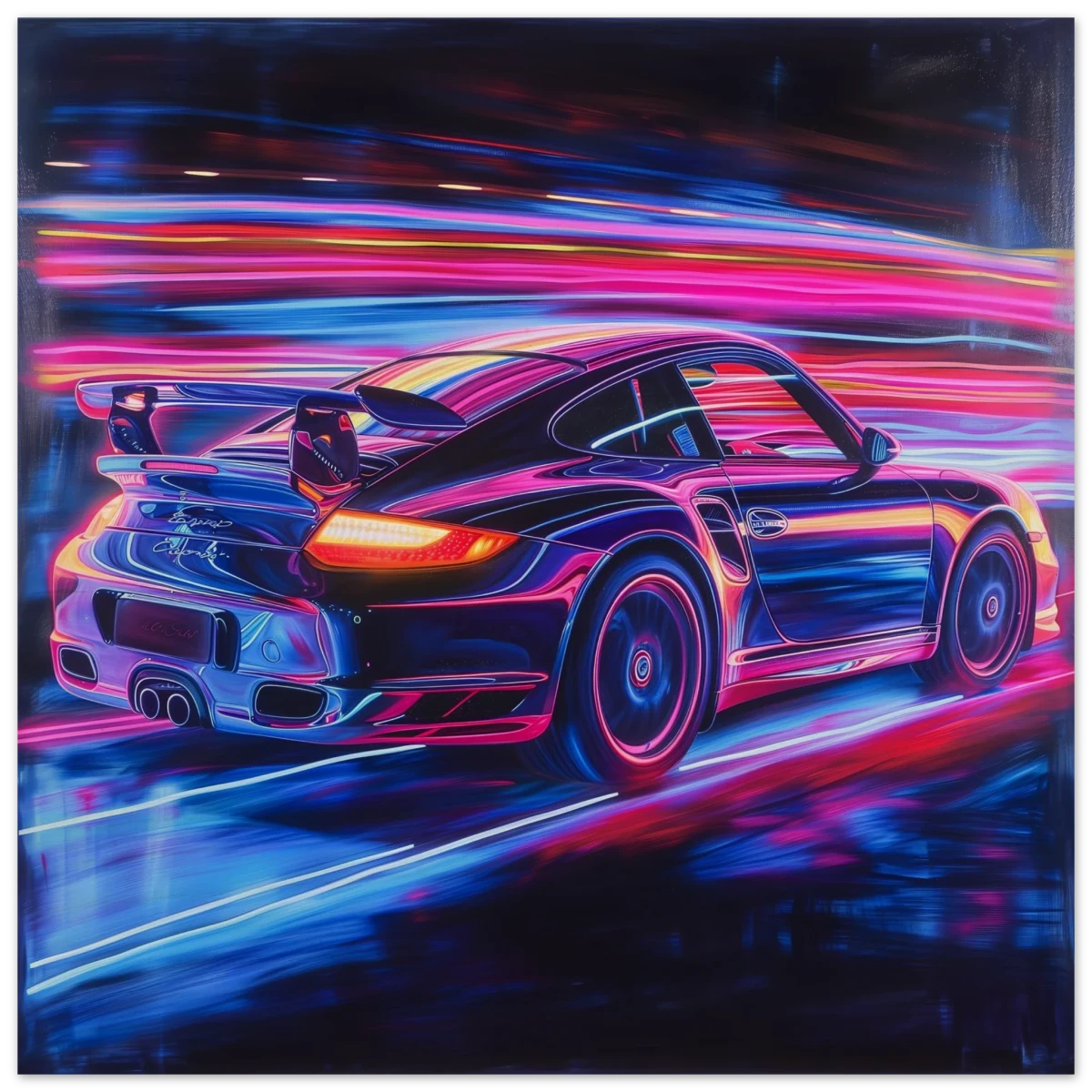 “Neon Velocity” – Futuristic Porsche in Motion Wall Art - Wood Prints - 40x40 cm / 16x16″ -