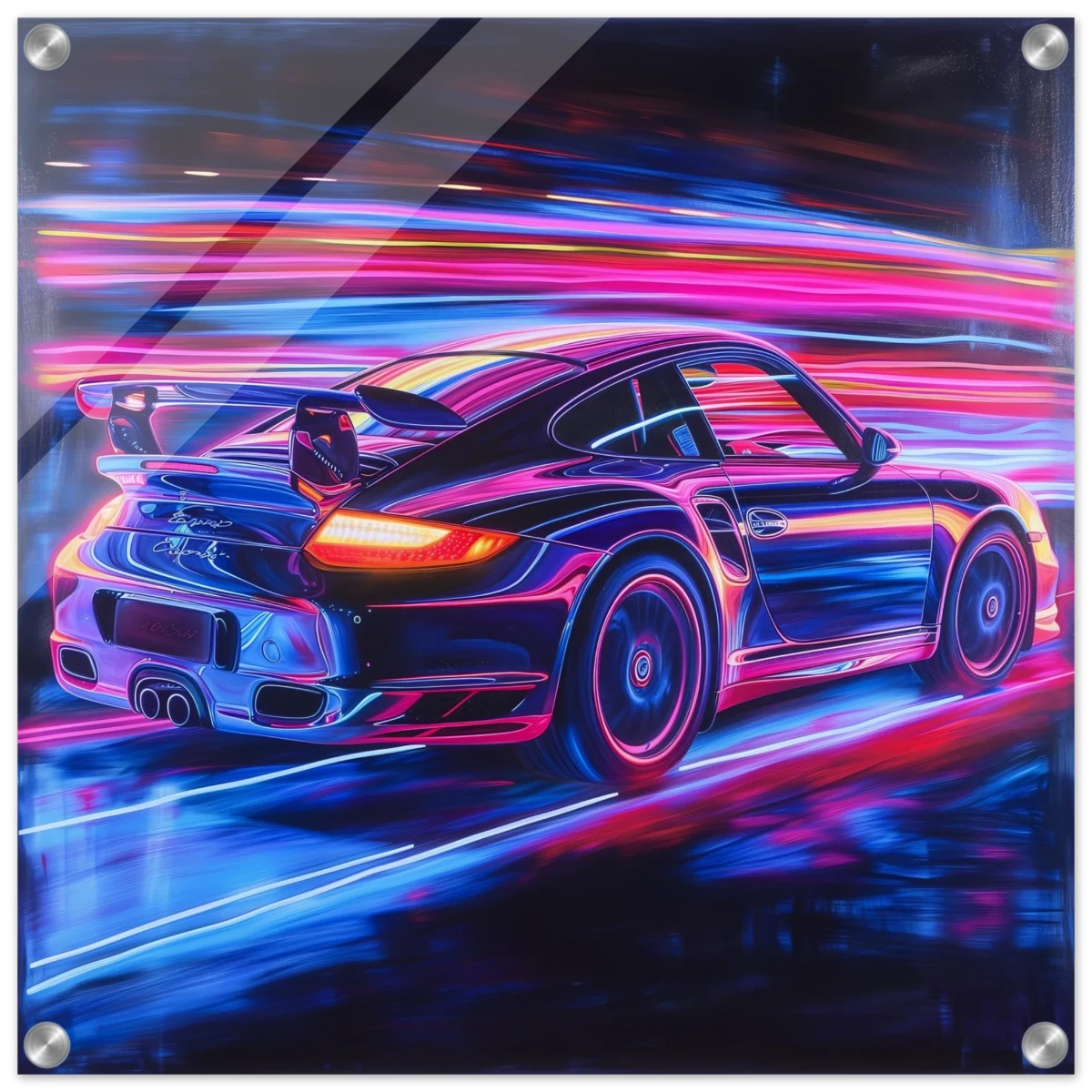 “Neon Velocity” – Futuristic Porsche in Motion Wall Art - Acrylic Print - 50x50 cm / 20x20″ -