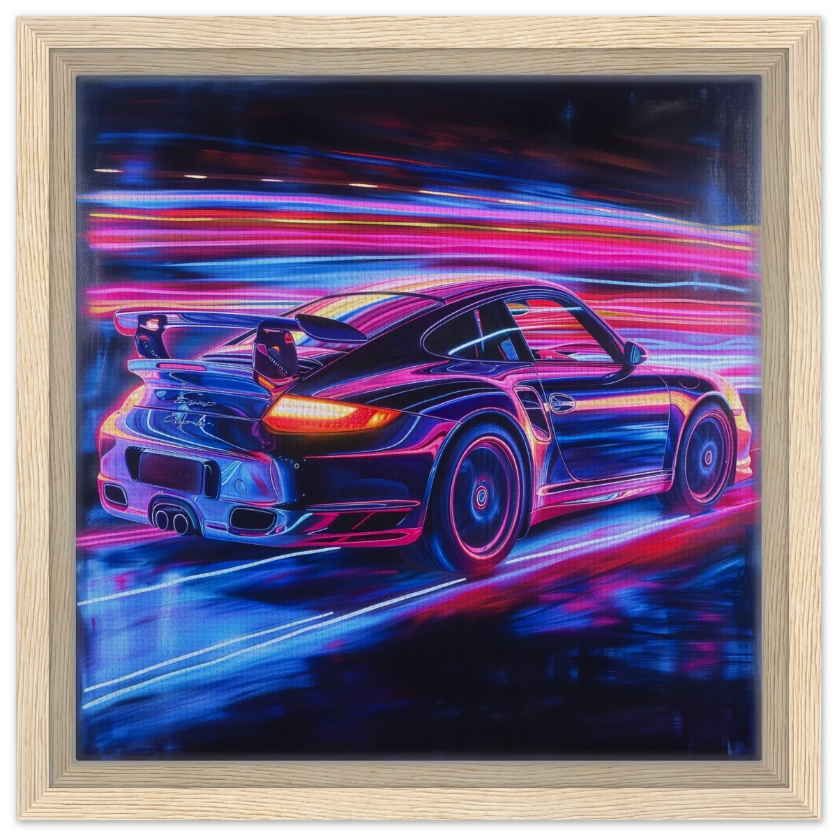 “Neon Velocity” – Futuristic Porsche in Motion Wall Art - Framed Canvas - 30x30 cm / 12x12″ - Wood frame