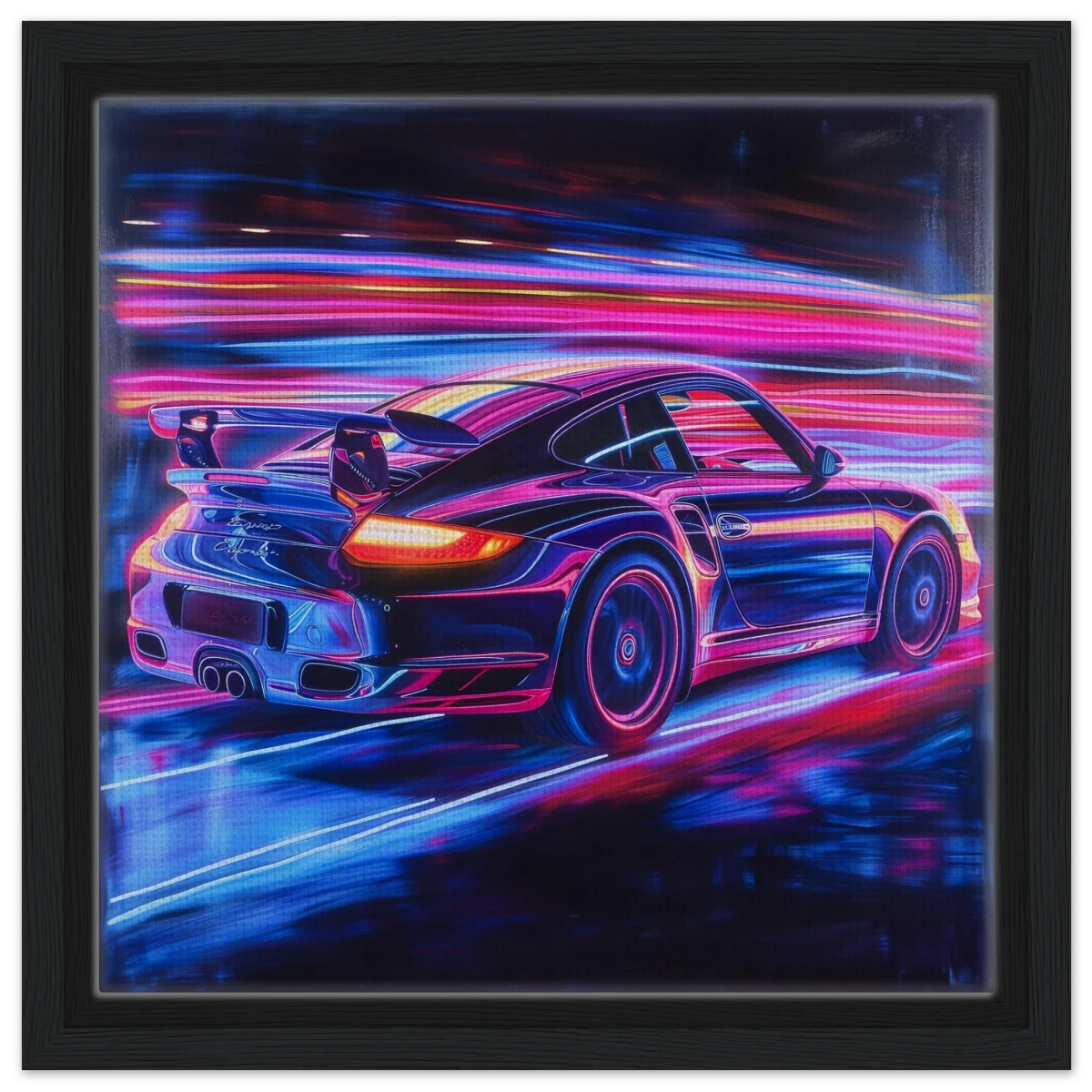 “Neon Velocity” – Futuristic Porsche in Motion Wall Art - Framed Canvas - 30x30 cm / 12x12″ - Black frame