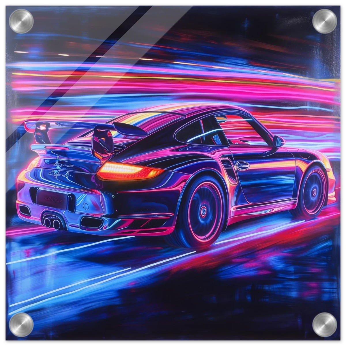 “Neon Velocity” – Futuristic Porsche in Motion Wall Art - Acrylic Print - 30x30 cm / 12x12″ -