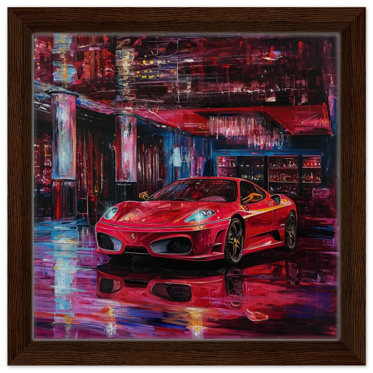 Neon Velocity – The Art of Speed & Luxury | Wall art print - Framed Canvas - 30x30 cm / 12x12″ - Dark wood frame