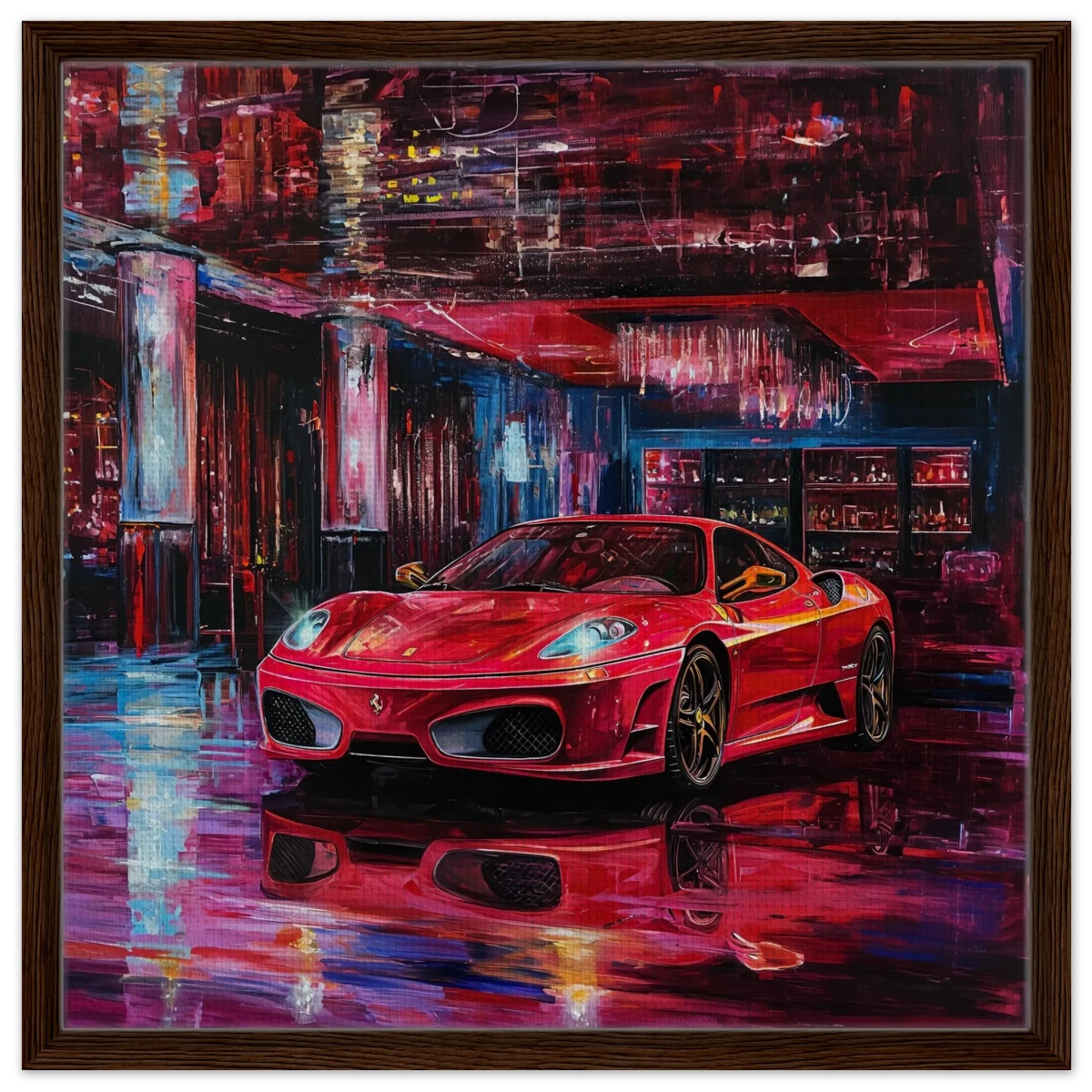 Neon Velocity – The Art of Speed & Luxury | Wall art print - Framed Canvas - 60x60 cm / 24x24″ - Dark wood frame