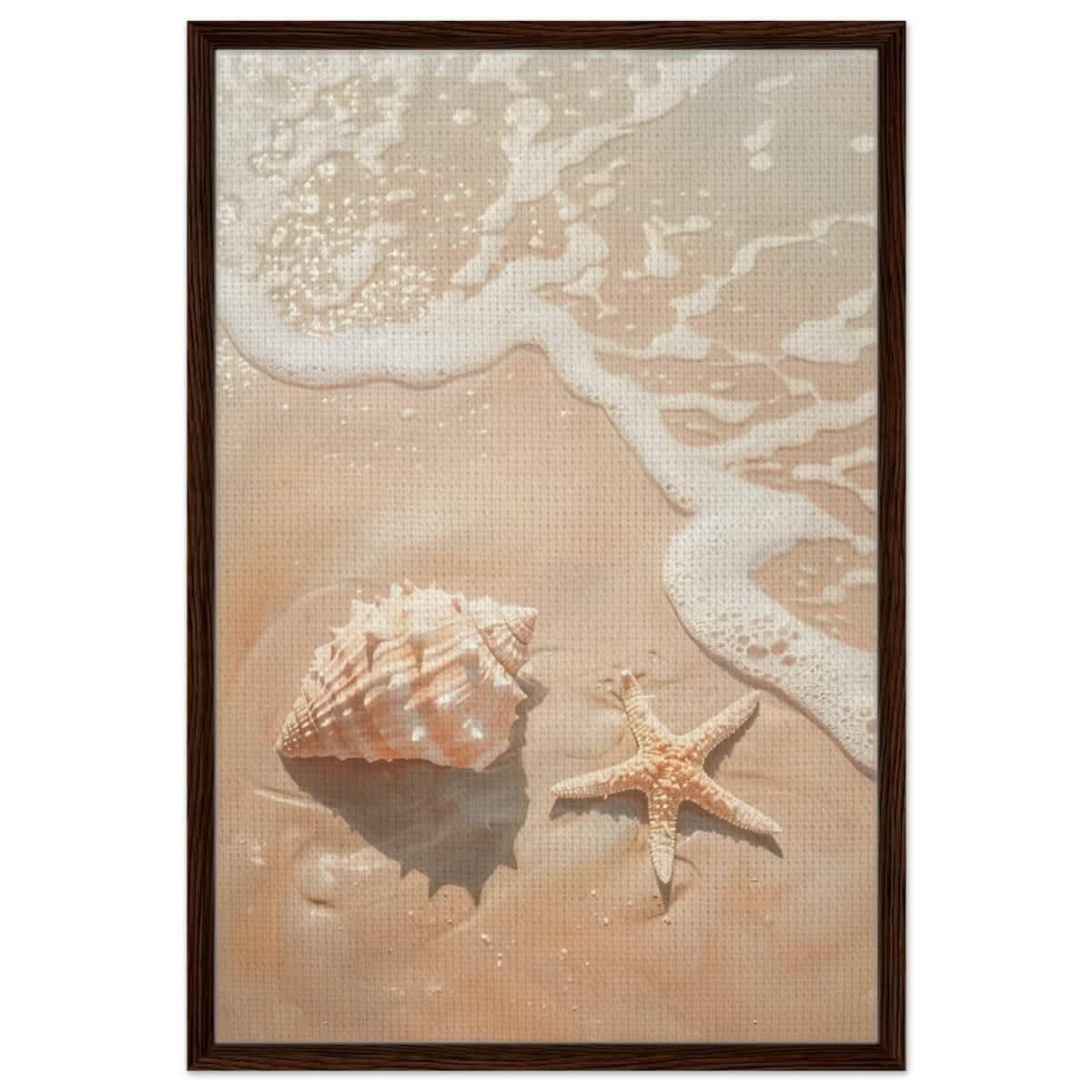 Ocean’s Whisper – Seashells and Serenity | Minimalist Coastal Art - 60x90 cm / 24x36″ - Framed Canvas - Dark wood frame
