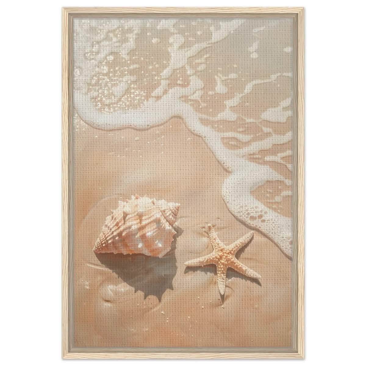 Ocean’s Whisper – Seashells and Serenity | Minimalist Coastal Art - 50x75 cm / 20x30″ - Framed Canvas - Wood frame