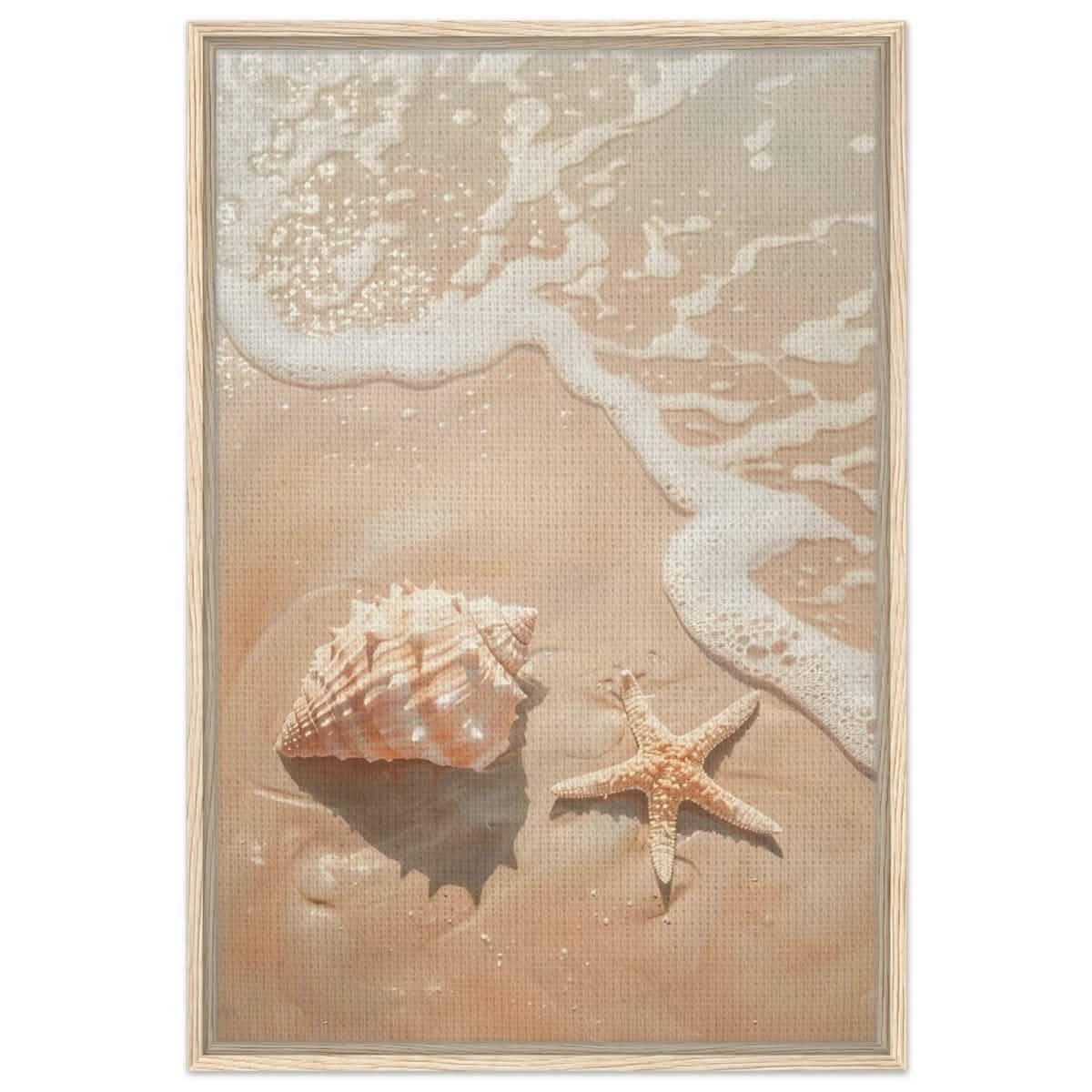 Ocean’s Whisper – Seashells and Serenity | Minimalist Coastal Art - 60x90 cm / 24x36″ - Framed Canvas - Wood frame