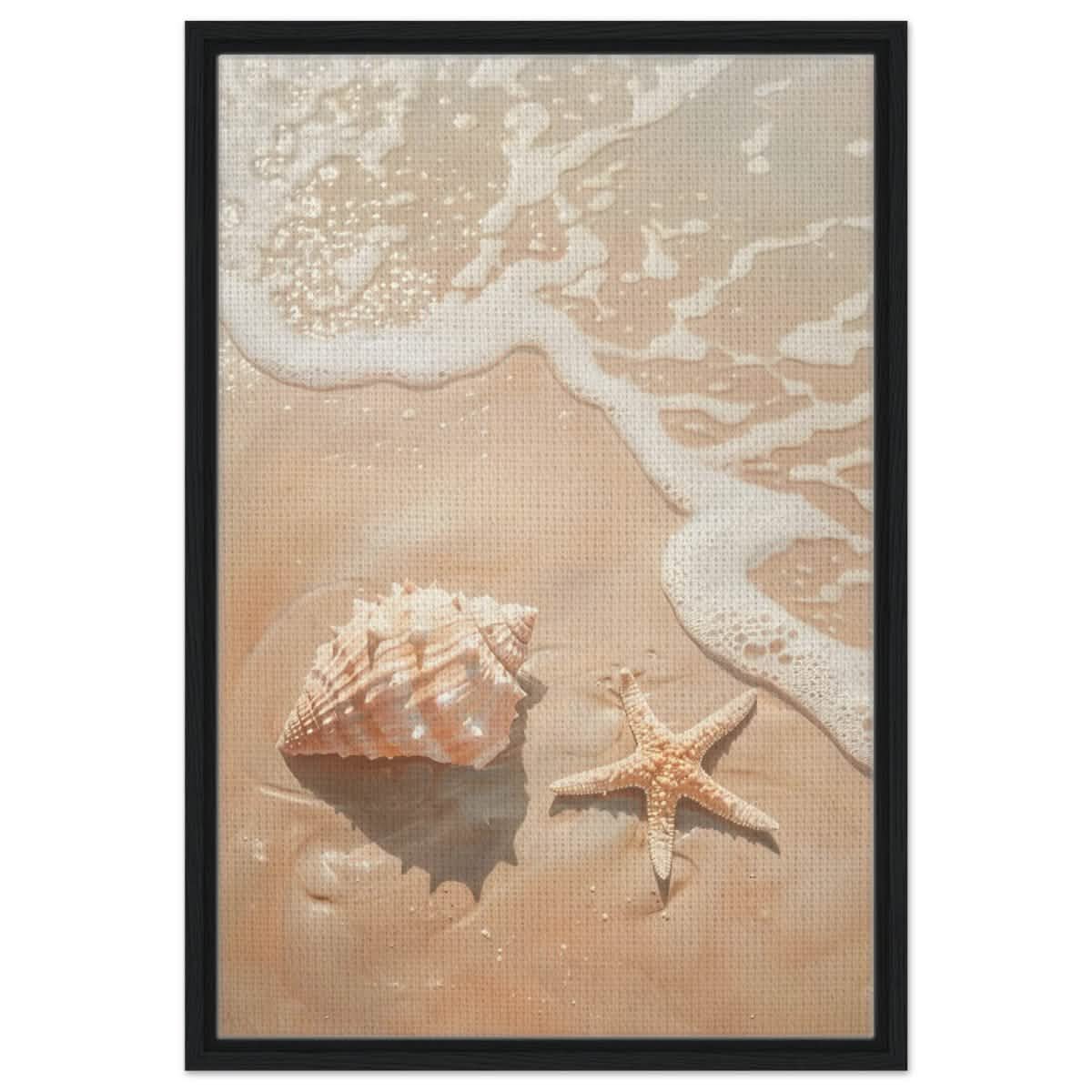 Ocean’s Whisper – Seashells and Serenity | Minimalist Coastal Art - 50x75 cm / 20x30″ - Framed Canvas - Black frame