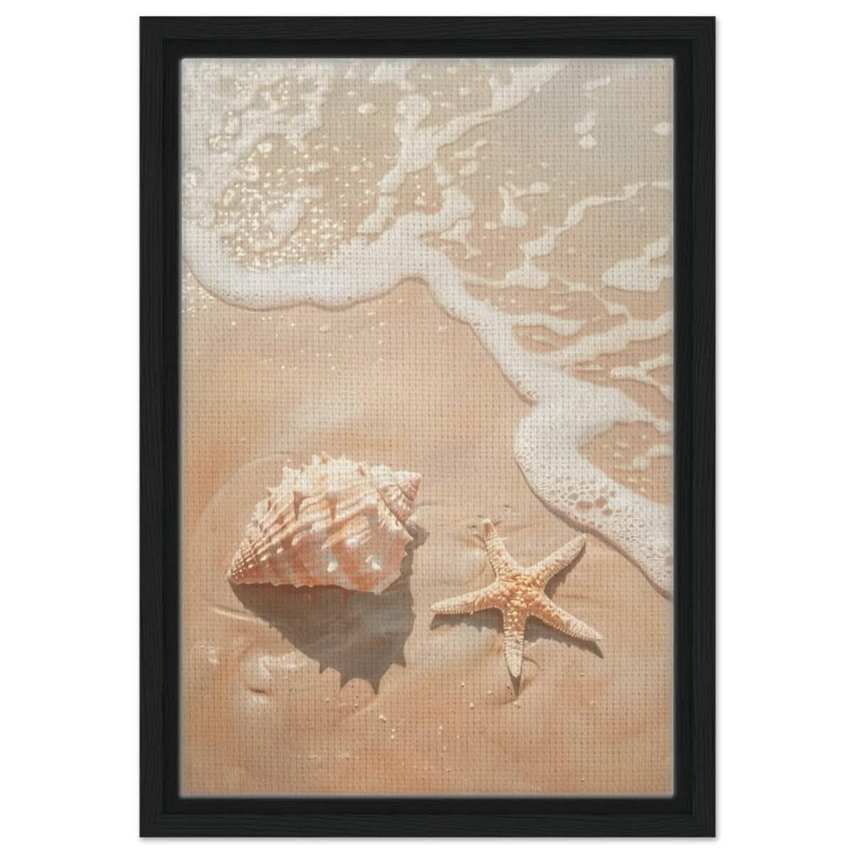 Ocean’s Whisper – Seashells and Serenity | Minimalist Coastal Art - 30x45 cm / 12x18″ - Framed Canvas - Black frame