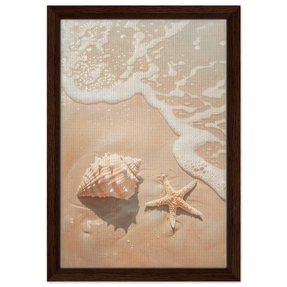 Ocean’s Whisper – Seashells and Serenity | Minimalist Coastal Art - 30x45 cm / 12x18″ - Framed Canvas - Dark wood frame