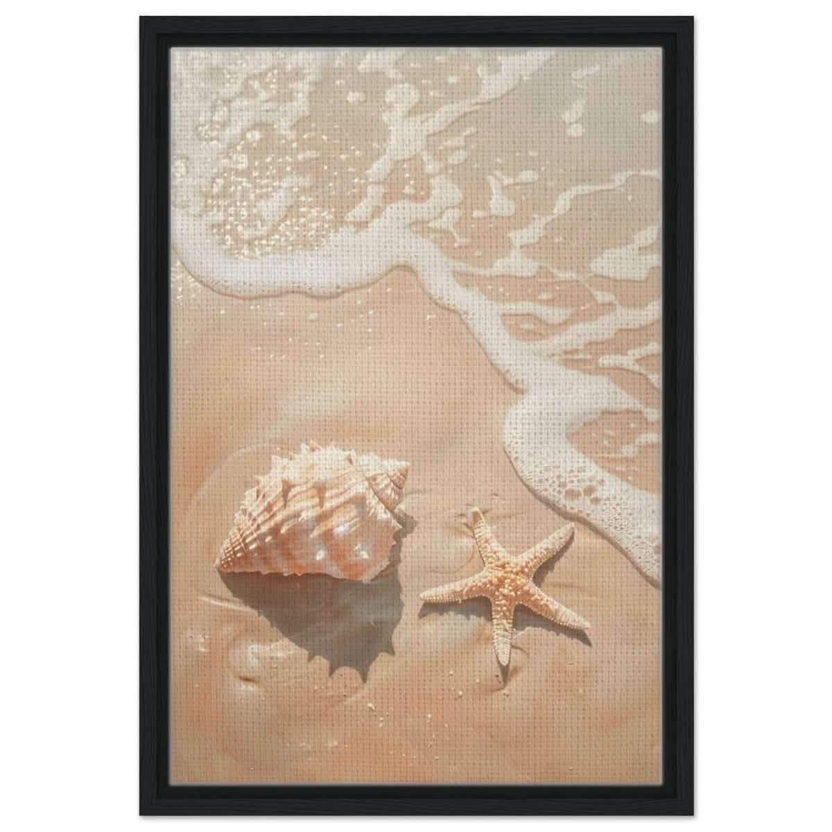 Ocean’s Whisper – Seashells and Serenity | Minimalist Coastal Art - 40x60 cm / 16x24″ - Framed Canvas - Black frame