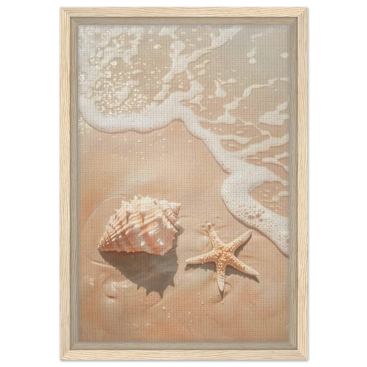 Ocean’s Whisper – Seashells and Serenity | Minimalist Coastal Art - 30x45 cm / 12x18″ - Framed Canvas - Wood frame