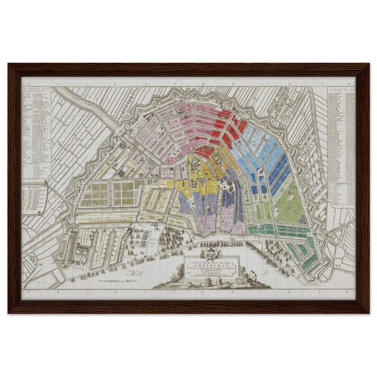 Old Map Amsterdam Distribution Of National Guard Large | Wall art Print - 40x60 cm / 16x24″ - Framed Canvas - Dark wood frame