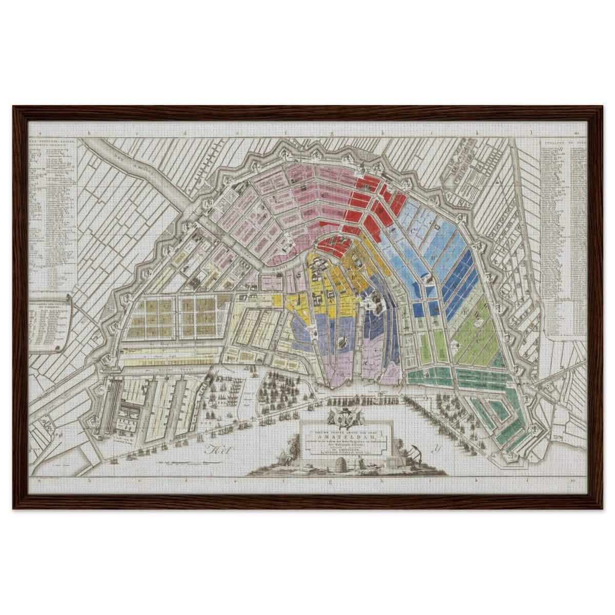 Old Map Amsterdam Distribution Of National Guard Large | Wall art Print - 60x90 cm / 24x36″ - Framed Canvas - Dark wood frame