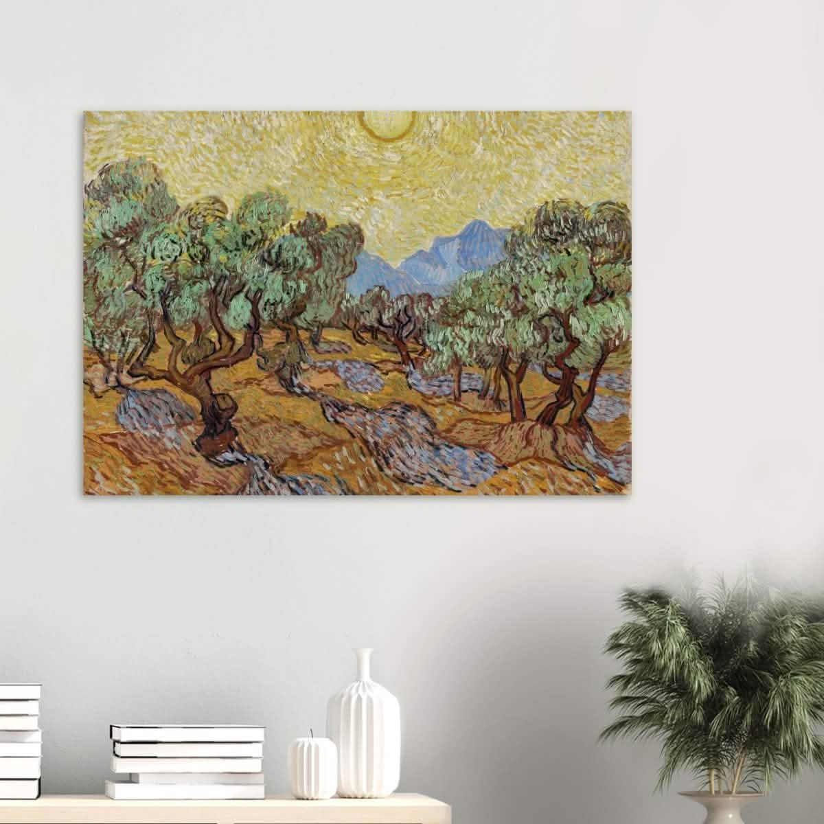 Olive Trees with Yellow Sky and Sun by Vincent van Gogh Wall art - Wood Prints - 70x100 cm / 28x40″ - 20 mm