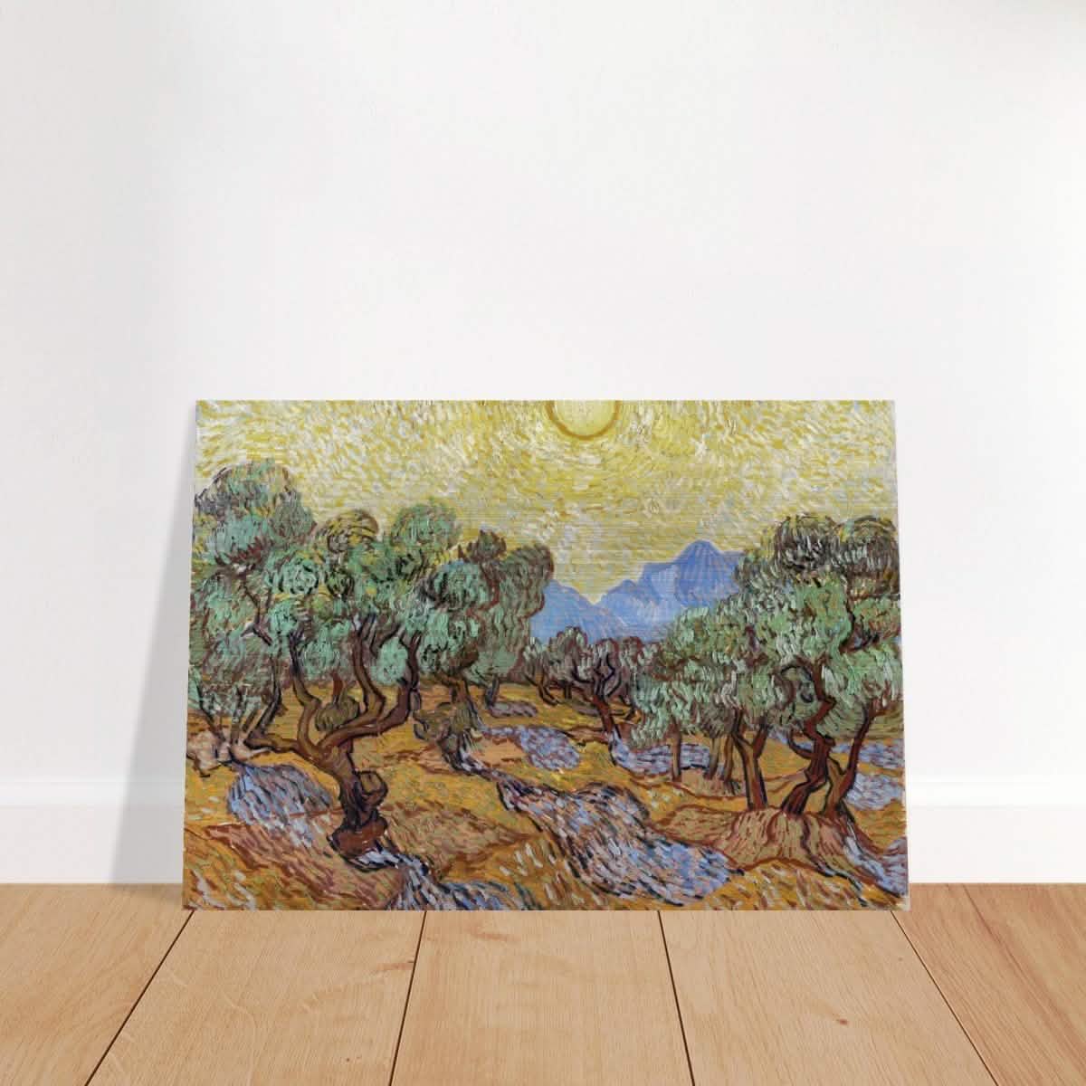 Olive Trees with Yellow Sky and Sun by Vincent van Gogh Wall art - Brushed Aluminum Print - 70x100 cm / 28x40″ -