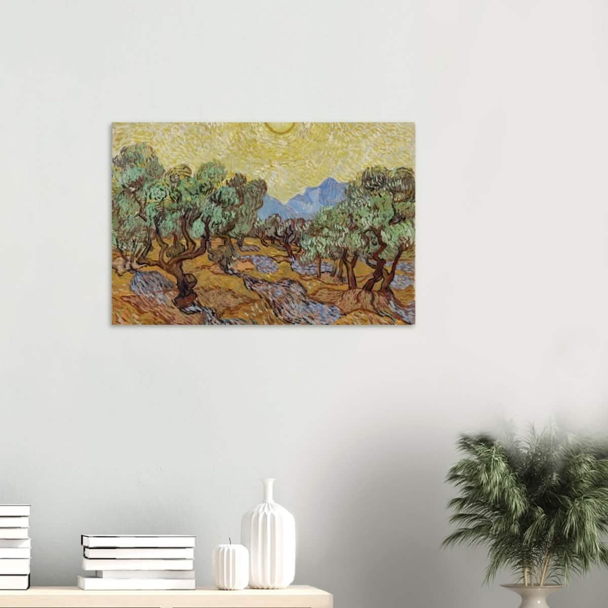 Olive Trees with Yellow Sky and Sun by Vincent van Gogh Wall art - Wood Prints - 50x75 cm / 20x30″ - 10 mm