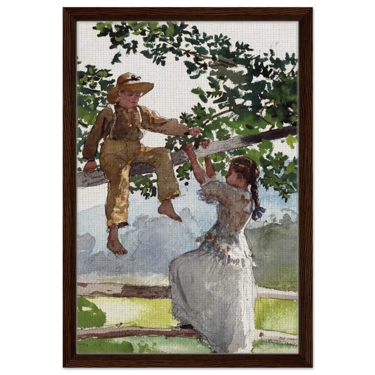 On The Fence Giclee by Winslow Homer | Vintage Nature Art wall art print - Framed Canvas - 40x60 cm / 16x24″ - Dark wood frame