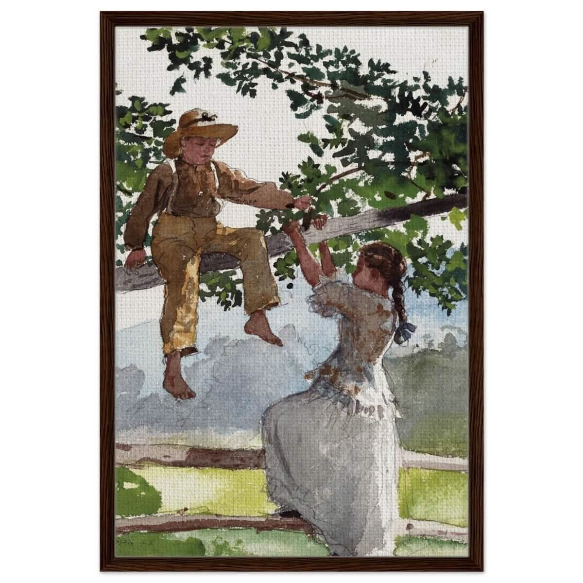 On The Fence Giclee by Winslow Homer | Vintage Nature Art wall art print - Framed Canvas - 60x90 cm / 24x36″ - Dark wood frame
